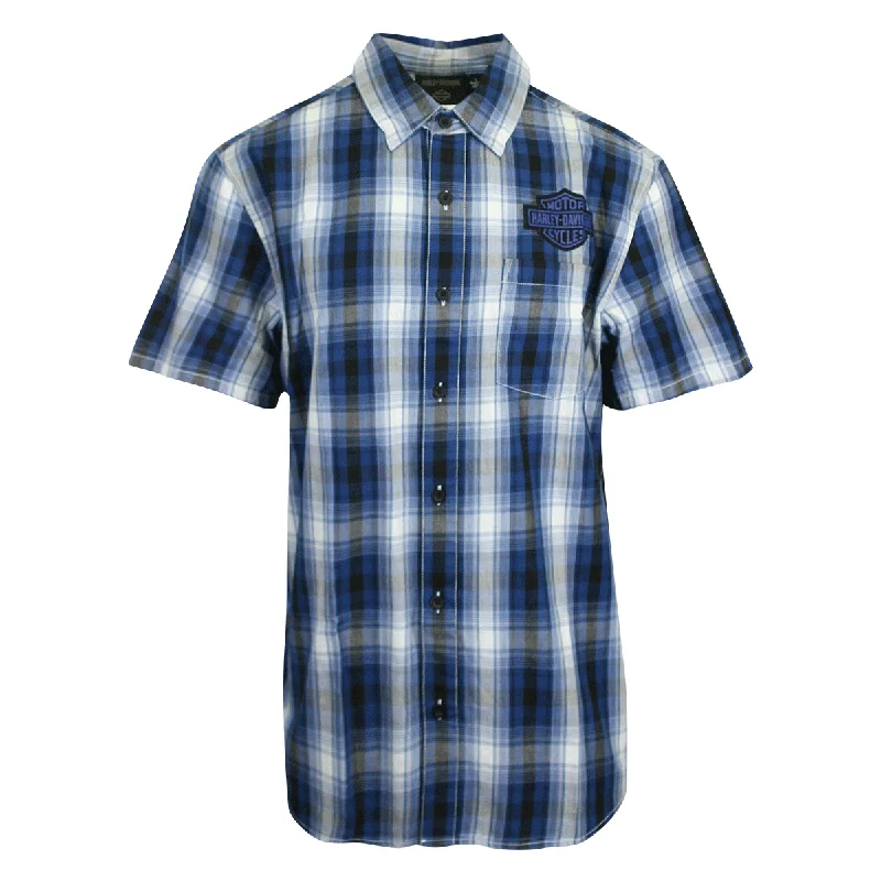 Branded  Men's Shirt Blue Plaid Bar & Shield Short Sleeve (S59)