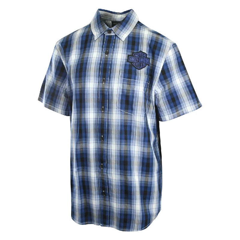 Branded  Men's Shirt Blue Plaid Bar & Shield Short Sleeve (S59)