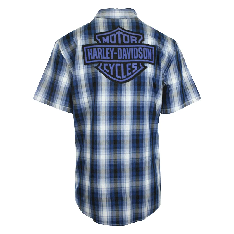 Branded  Men's Shirt Blue Plaid Bar & Shield Short Sleeve (S59)