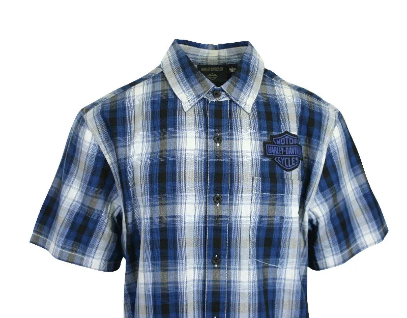 Branded  Men's Shirt Blue Plaid Bar & Shield Short Sleeve (S59)