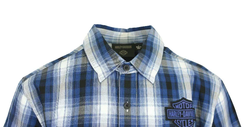 Branded  Men's Shirt Blue Plaid Bar & Shield Short Sleeve (S59)