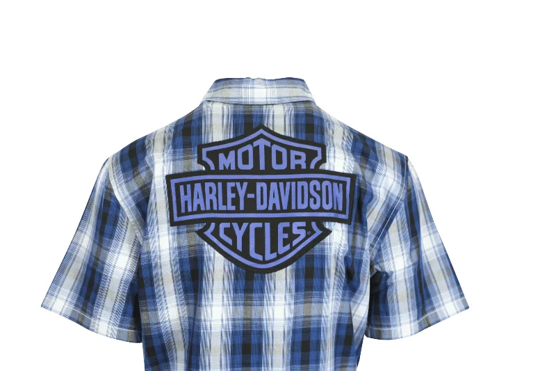 Branded  Men's Shirt Blue Plaid Bar & Shield Short Sleeve (S59)