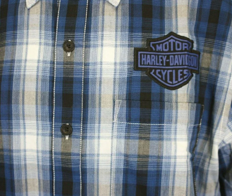 Branded  Men's Shirt Blue Plaid Bar & Shield Short Sleeve (S59)