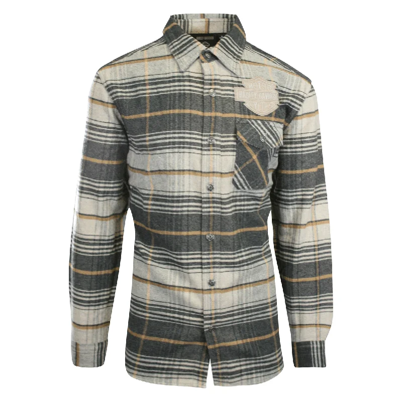 Branded  Men's Shirt Grey Plaid Bar & Shield Premium L/S (S62)