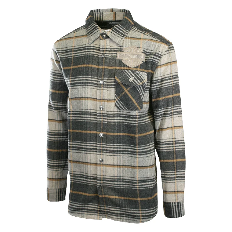 Branded  Men's Shirt Grey Plaid Bar & Shield Premium L/S (S62)