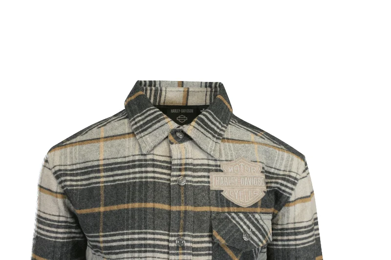 Branded  Men's Shirt Grey Plaid Bar & Shield Premium L/S (S62)