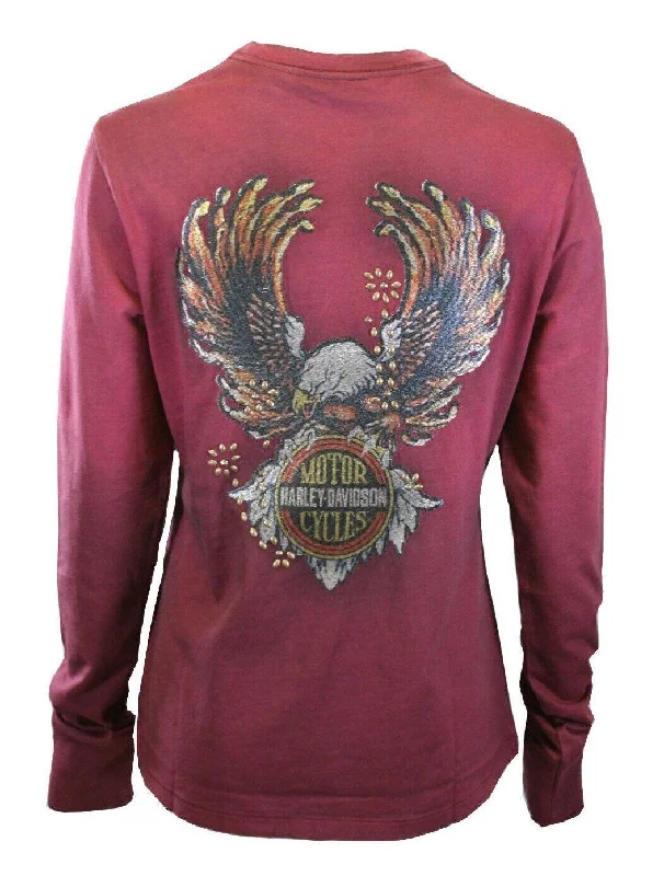 Branded Women's T-Shirt Burgundy Studded Eagle Long Sleeve Tee (S41)