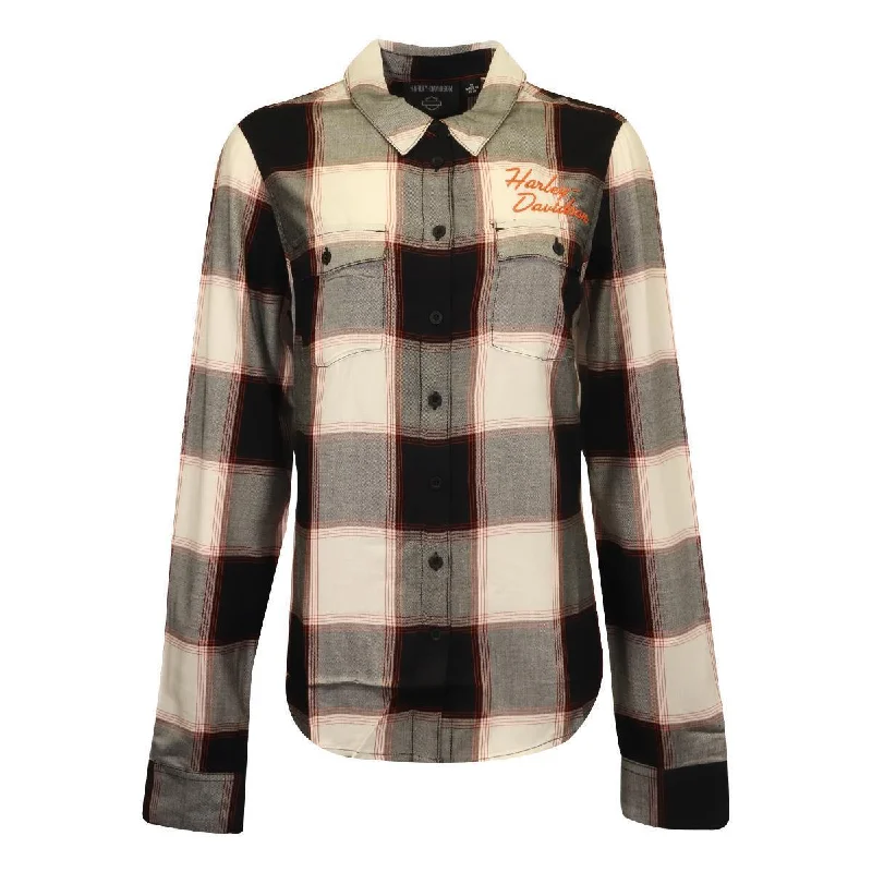 Branded Women's Woven Shirt White Black Plaid Long Sleeve (218)