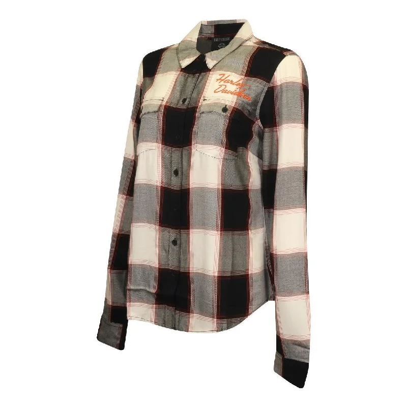 Branded Women's Woven Shirt White Black Plaid Long Sleeve (218)