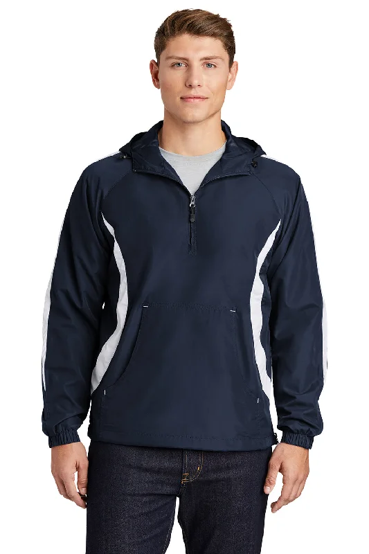 Sport-Tek Mens 1/4 Zip Hooded Jacket - True Navy Blue/White