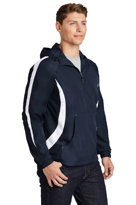 Sport-Tek Mens 1/4 Zip Hooded Jacket - True Navy Blue/White