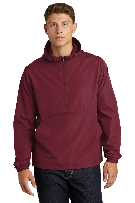 Sport-Tek Mens Packable Anorak 1/4 Zip Hooded Jacket - Maroon