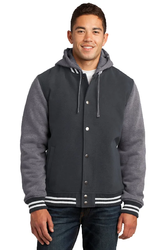 Sport-Tek Mens Snap Down Hooded Letterman Jacket - Graphite Grey/Heather Vintage Grey/White - Closeout