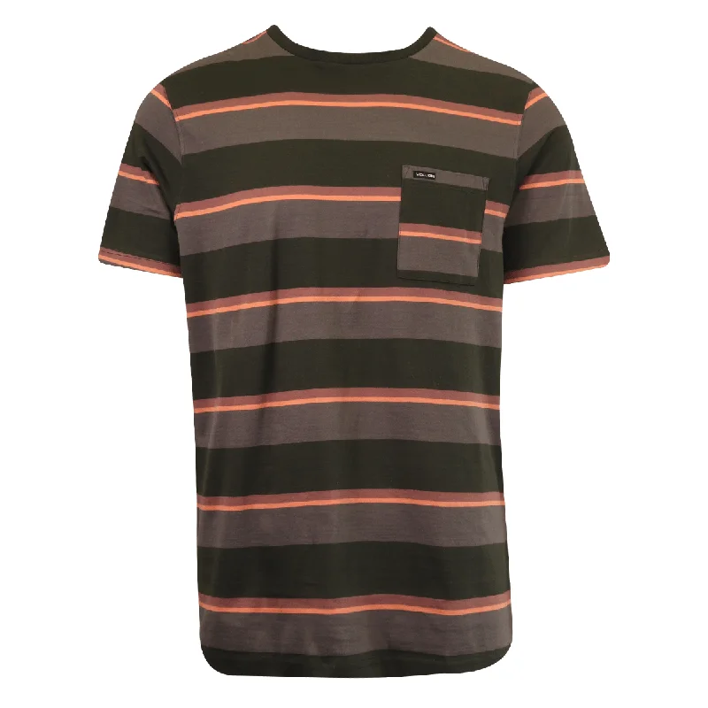 Volcom Men's T-Shirt Black Coral Grey Striped S/S Pocket Tee (S40)