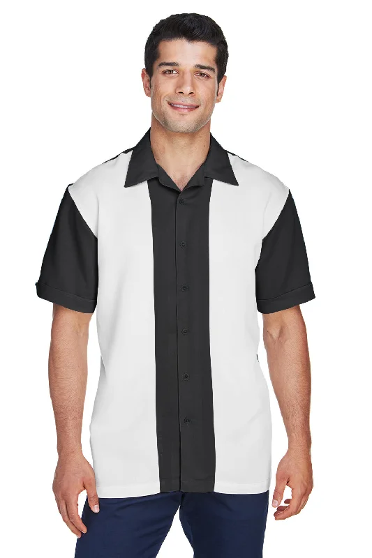 Harriton Mens Bahama Wrinkle Resistant Short Sleeve Button Down Camp Shirt - Black/Cream