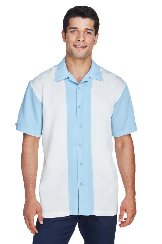 Harriton Mens Bahama Wrinkle Resistant Short Sleeve Button Down Camp Shirt - Cloud Blue/Cream