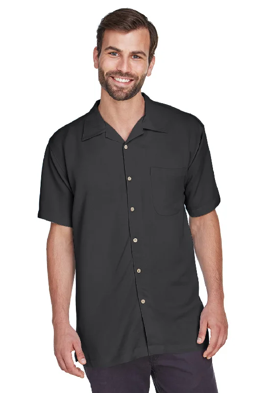 Harriton Mens Bahama Wrinkle Resistant Short Sleeve Button Down Camp Shirt w/ Pocket - Black