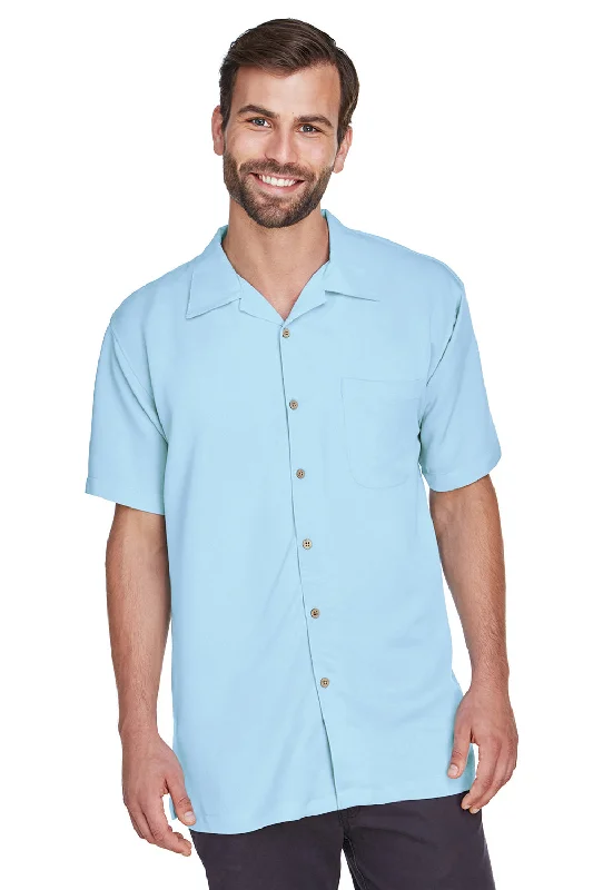 Harriton Mens Bahama Wrinkle Resistant Short Sleeve Button Down Camp Shirt w/ Pocket - Cloud Blue