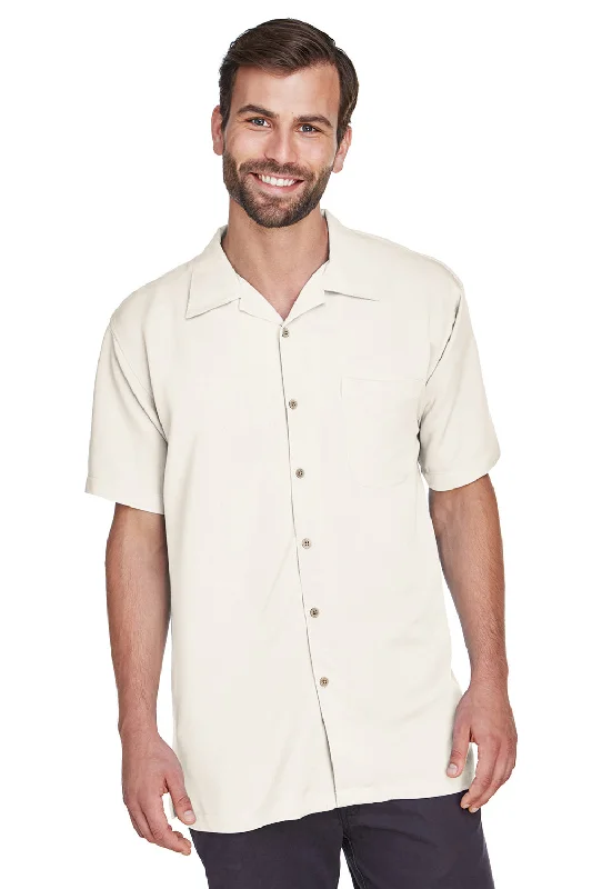 Harriton Mens Bahama Wrinkle Resistant Short Sleeve Button Down Camp Shirt w/ Pocket - Cream