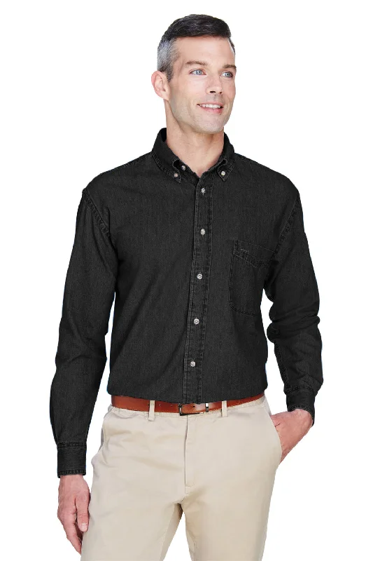 Harriton Mens Denim Long Sleeve Button Down Shirt w/ Pocket - Washed Black