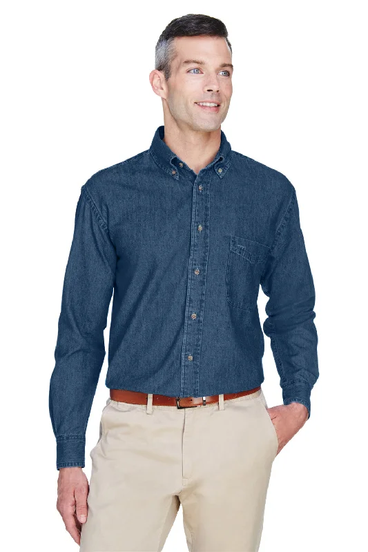 Harriton Mens Denim Long Sleeve Button Down Shirt w/ Pocket - Dark Denim