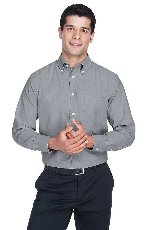 Harriton Mens Oxford Wrinkle Resistant Long Sleeve Button Down Shirt w/ Pocket - Oxford Grey