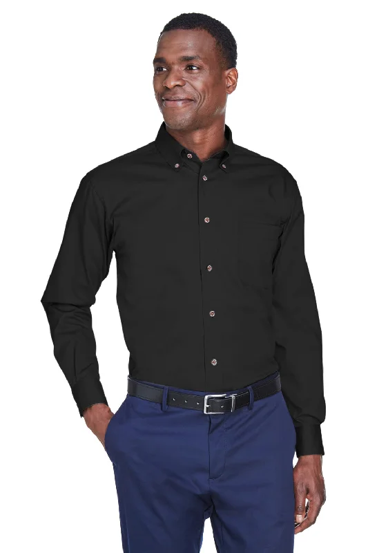 Harriton Mens Wrinkle Resistant Long Sleeve Button Down Shirt w/ Pocket - Black