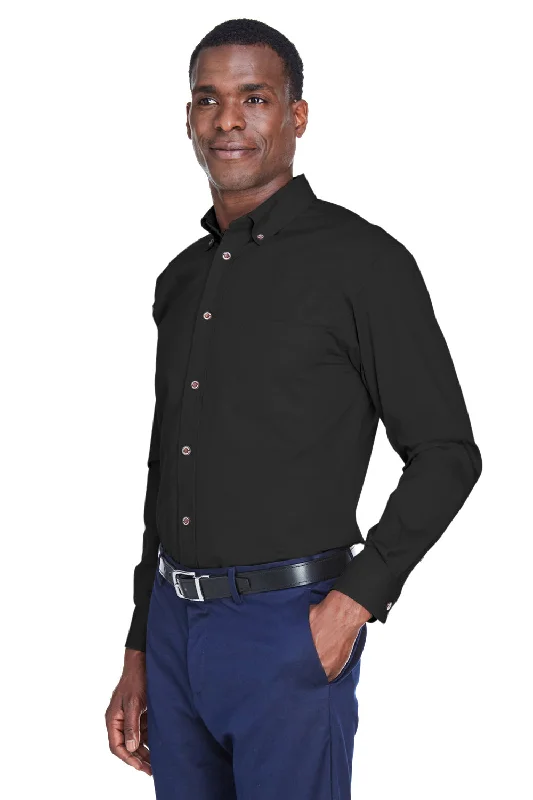 Harriton Mens Wrinkle Resistant Long Sleeve Button Down Shirt w/ Pocket - Black