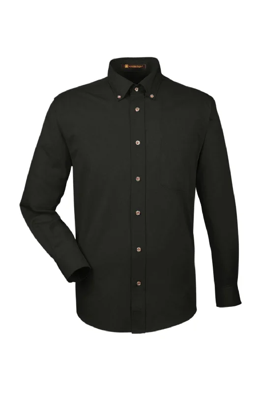 Harriton Mens Wrinkle Resistant Long Sleeve Button Down Shirt w/ Pocket - Black