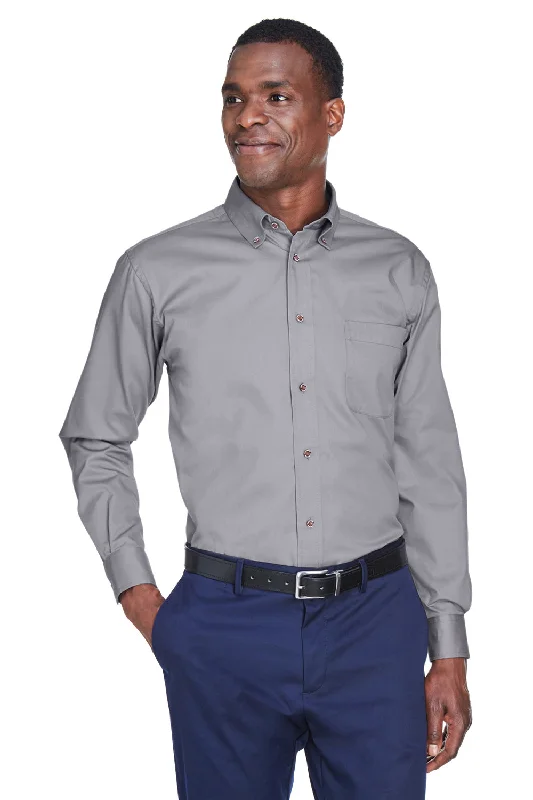 Harriton Mens Wrinkle Resistant Long Sleeve Button Down Shirt w/ Pocket - Dark Grey