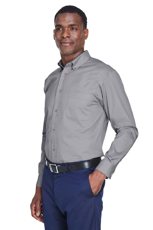 Harriton Mens Wrinkle Resistant Long Sleeve Button Down Shirt w/ Pocket - Dark Grey