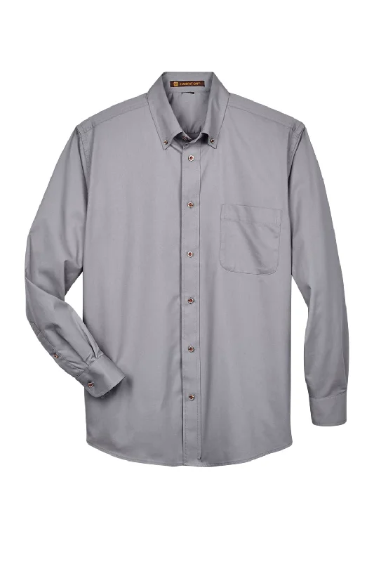 Harriton Mens Wrinkle Resistant Long Sleeve Button Down Shirt w/ Pocket - Dark Grey