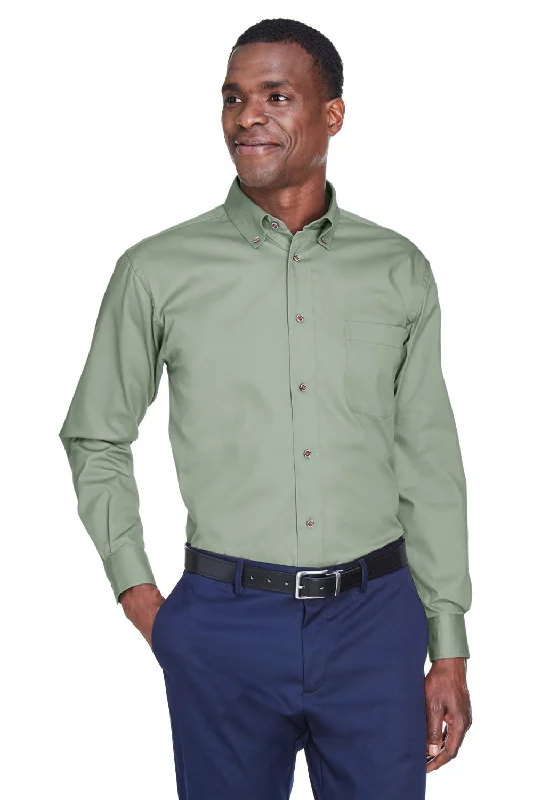 Harriton Mens Wrinkle Resistant Long Sleeve Button Down Shirt w/ Pocket - Dill Green