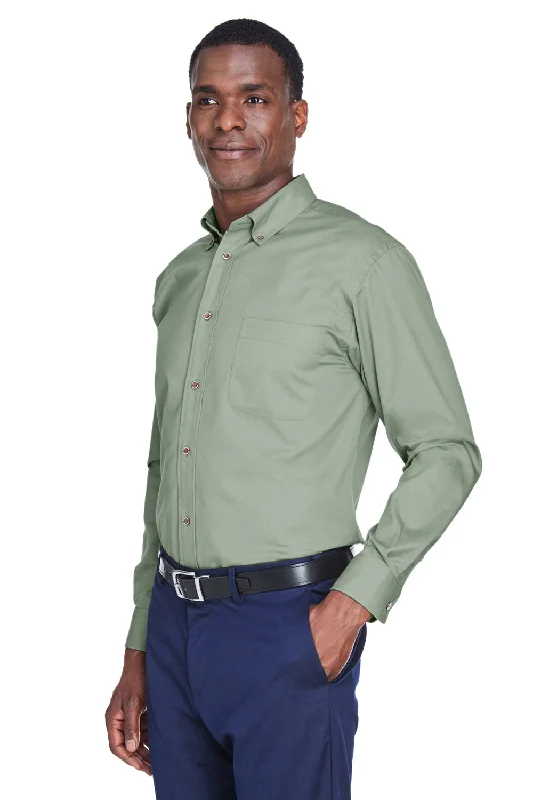 Harriton Mens Wrinkle Resistant Long Sleeve Button Down Shirt w/ Pocket - Dill Green