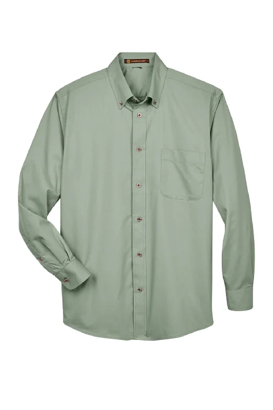 Harriton Mens Wrinkle Resistant Long Sleeve Button Down Shirt w/ Pocket - Dill Green