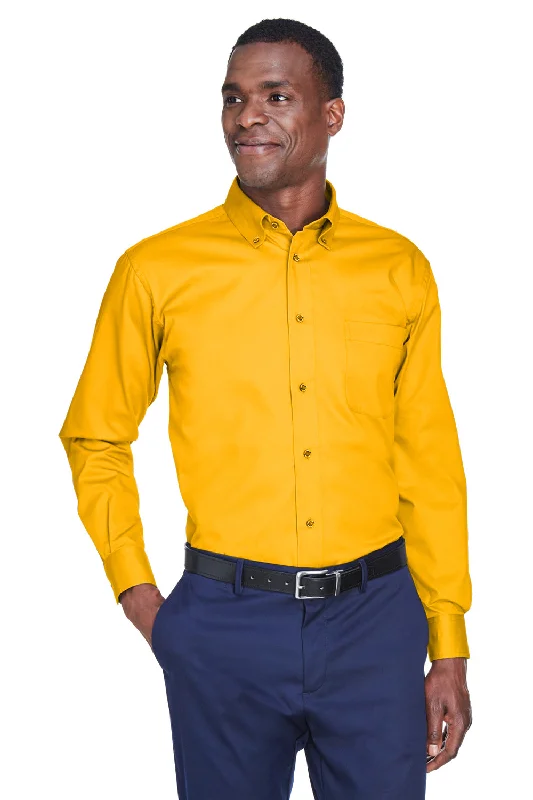 Harriton Mens Wrinkle Resistant Long Sleeve Button Down Shirt w/ Pocket - Sunray Yellow