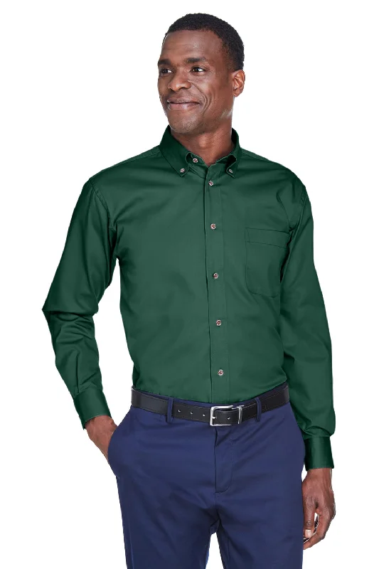 Harriton Mens Wrinkle Resistant Long Sleeve Button Down Shirt w/ Pocket - Hunter Green