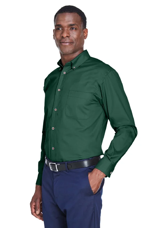 Harriton Mens Wrinkle Resistant Long Sleeve Button Down Shirt w/ Pocket - Hunter Green