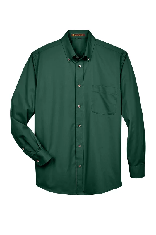 Harriton Mens Wrinkle Resistant Long Sleeve Button Down Shirt w/ Pocket - Hunter Green