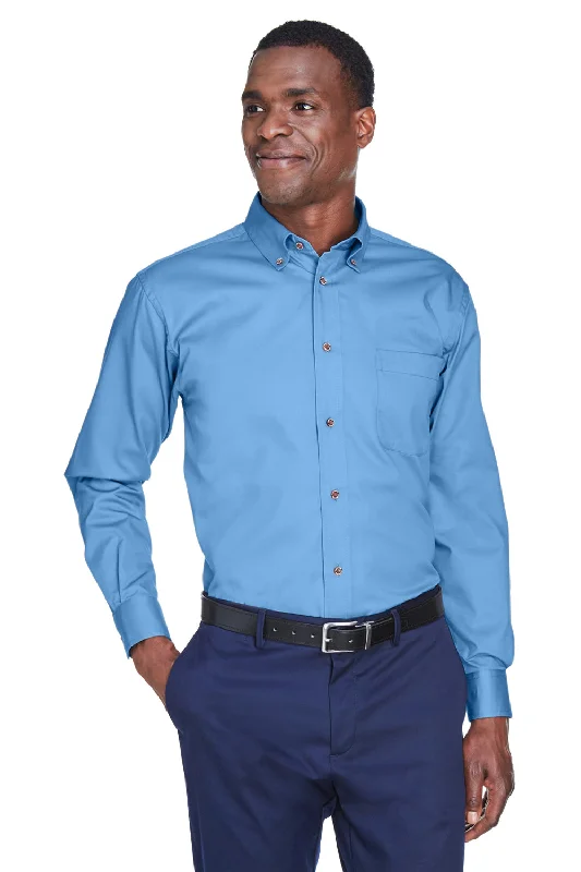 Harriton Mens Wrinkle Resistant Long Sleeve Button Down Shirt w/ Pocket - Light College Blue