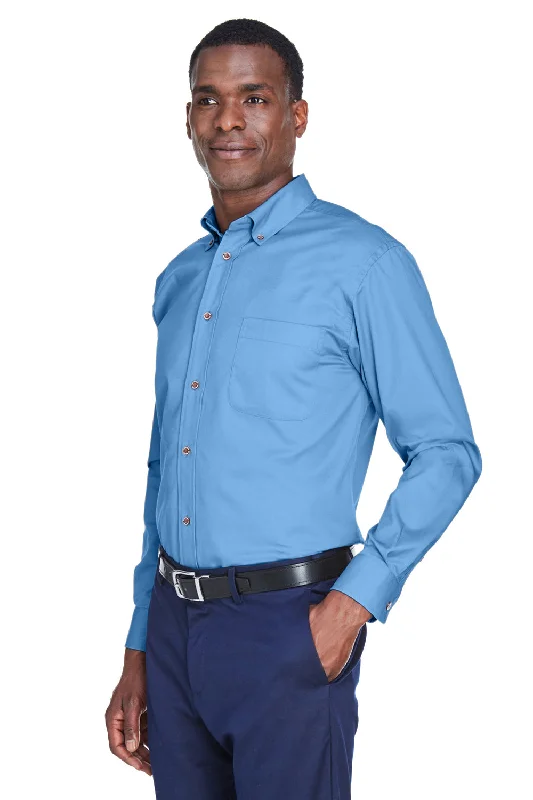 Harriton Mens Wrinkle Resistant Long Sleeve Button Down Shirt w/ Pocket - Light College Blue