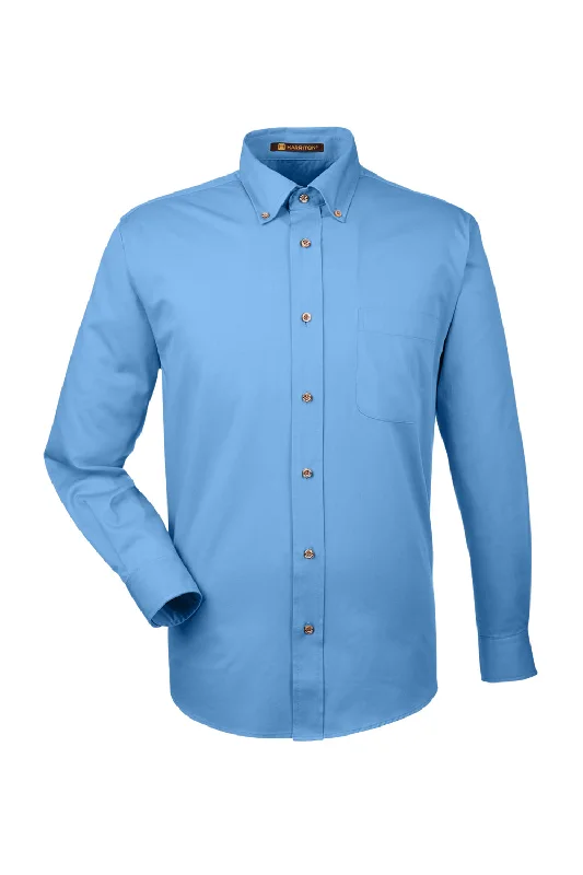 Harriton Mens Wrinkle Resistant Long Sleeve Button Down Shirt w/ Pocket - Light College Blue