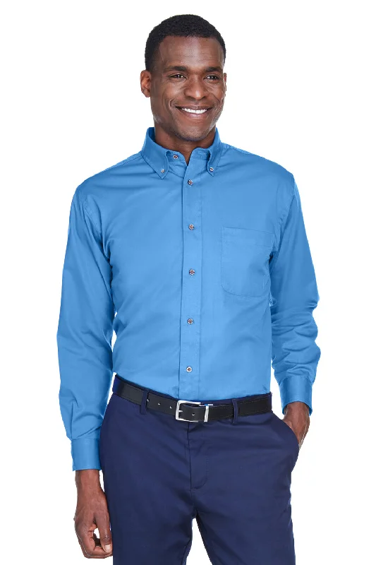 Harriton Mens Wrinkle Resistant Long Sleeve Button Down Shirt w/ Pocket - Nautical Blue