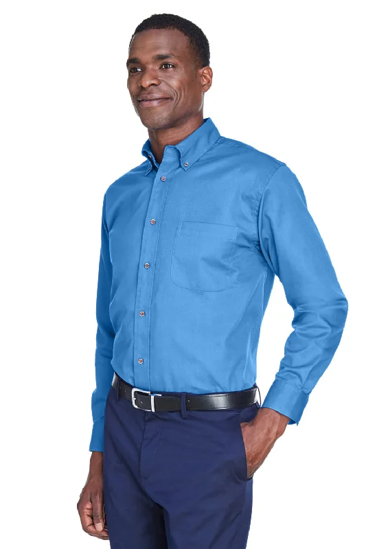 Harriton Mens Wrinkle Resistant Long Sleeve Button Down Shirt w/ Pocket - Nautical Blue