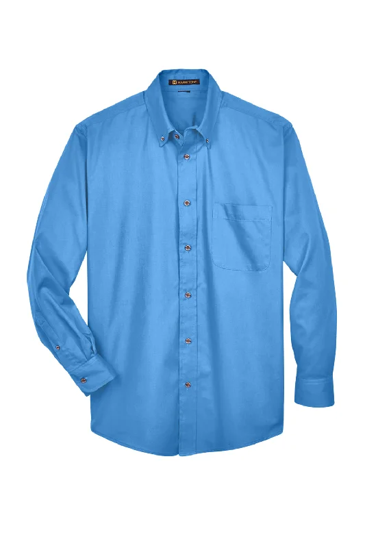 Harriton Mens Wrinkle Resistant Long Sleeve Button Down Shirt w/ Pocket - Nautical Blue