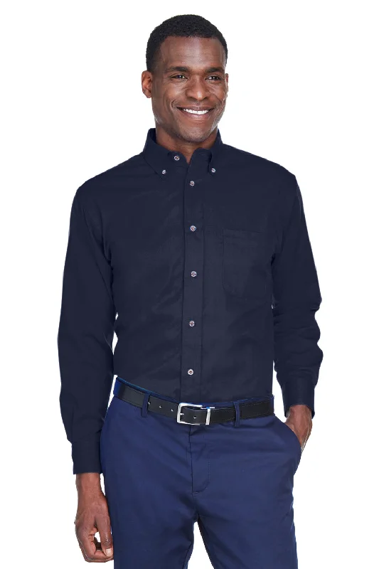 Harriton Mens Wrinkle Resistant Long Sleeve Button Down Shirt w/ Pocket - Navy Blue