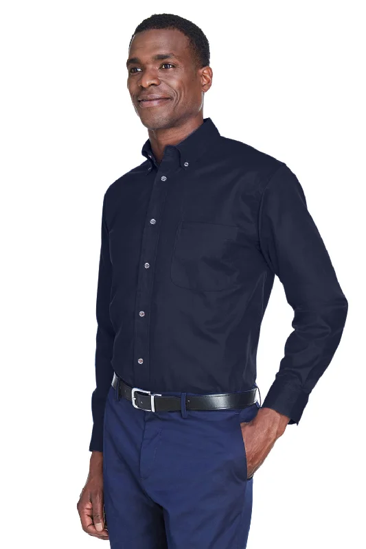 Harriton Mens Wrinkle Resistant Long Sleeve Button Down Shirt w/ Pocket - Navy Blue