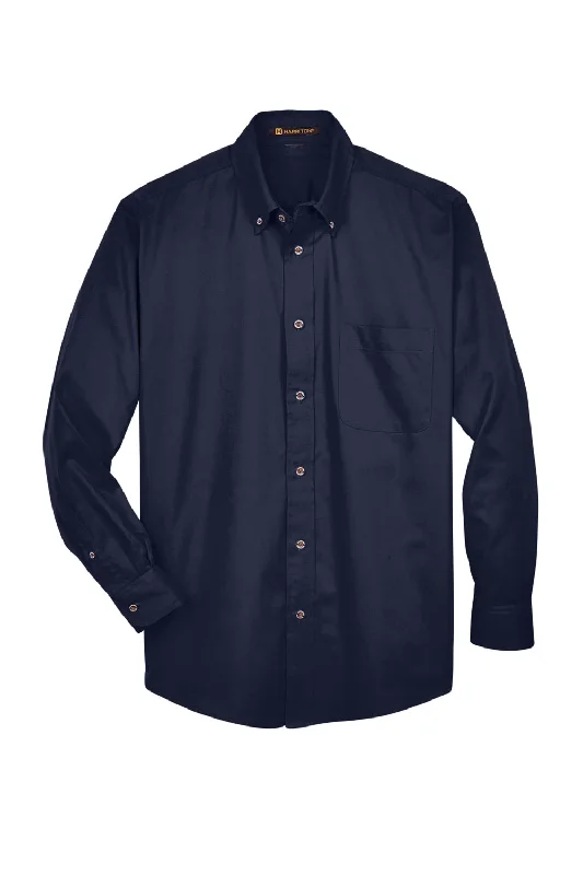 Harriton Mens Wrinkle Resistant Long Sleeve Button Down Shirt w/ Pocket - Navy Blue