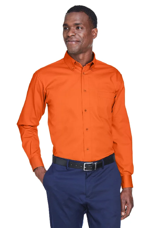 Harriton Mens Wrinkle Resistant Long Sleeve Button Down Shirt w/ Pocket - Team Orange