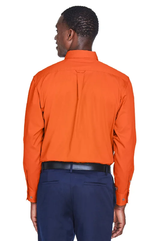 Harriton Mens Wrinkle Resistant Long Sleeve Button Down Shirt w/ Pocket - Team Orange